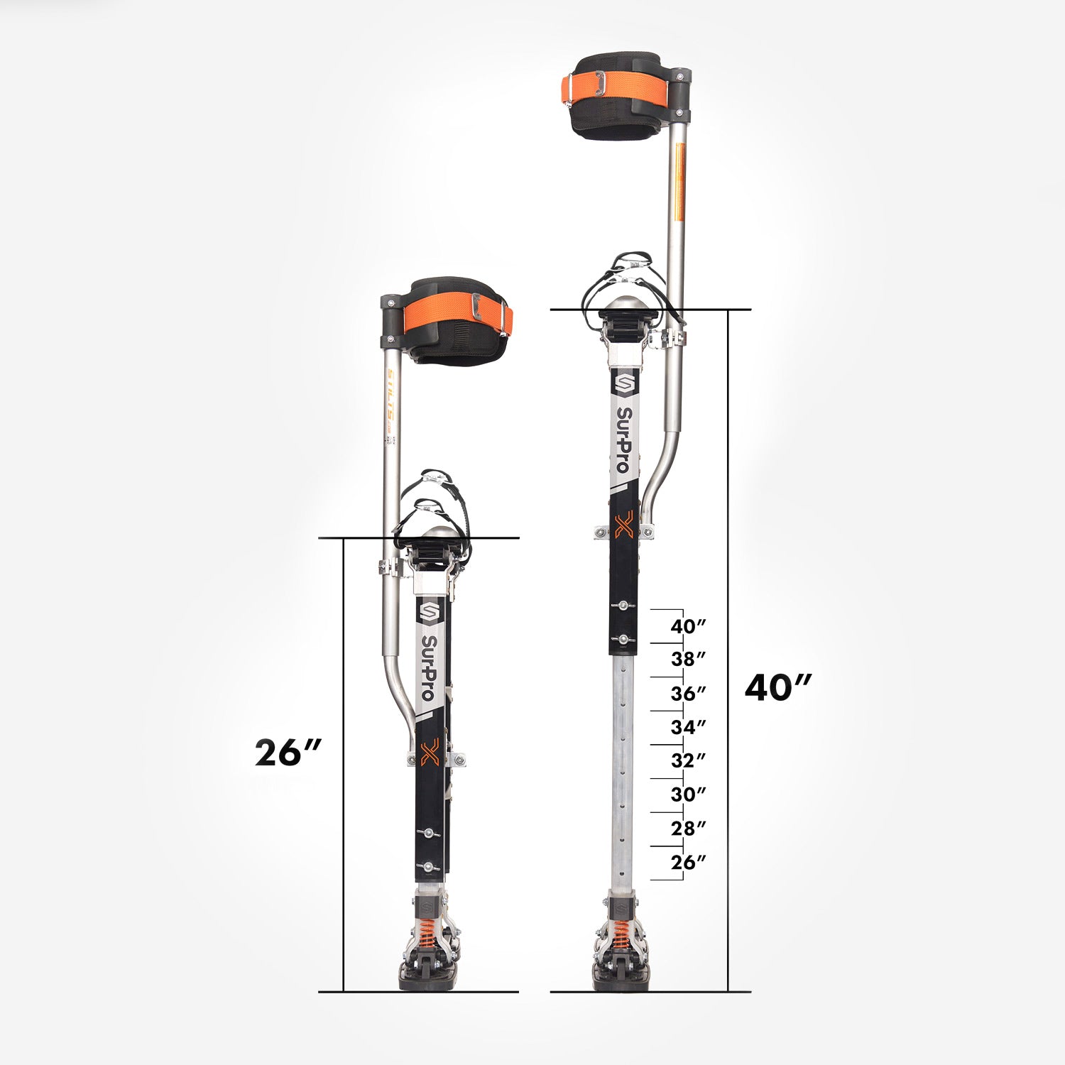 SurPro S1X Stilts 26"-40" shown at minimum and maximum height extensions.