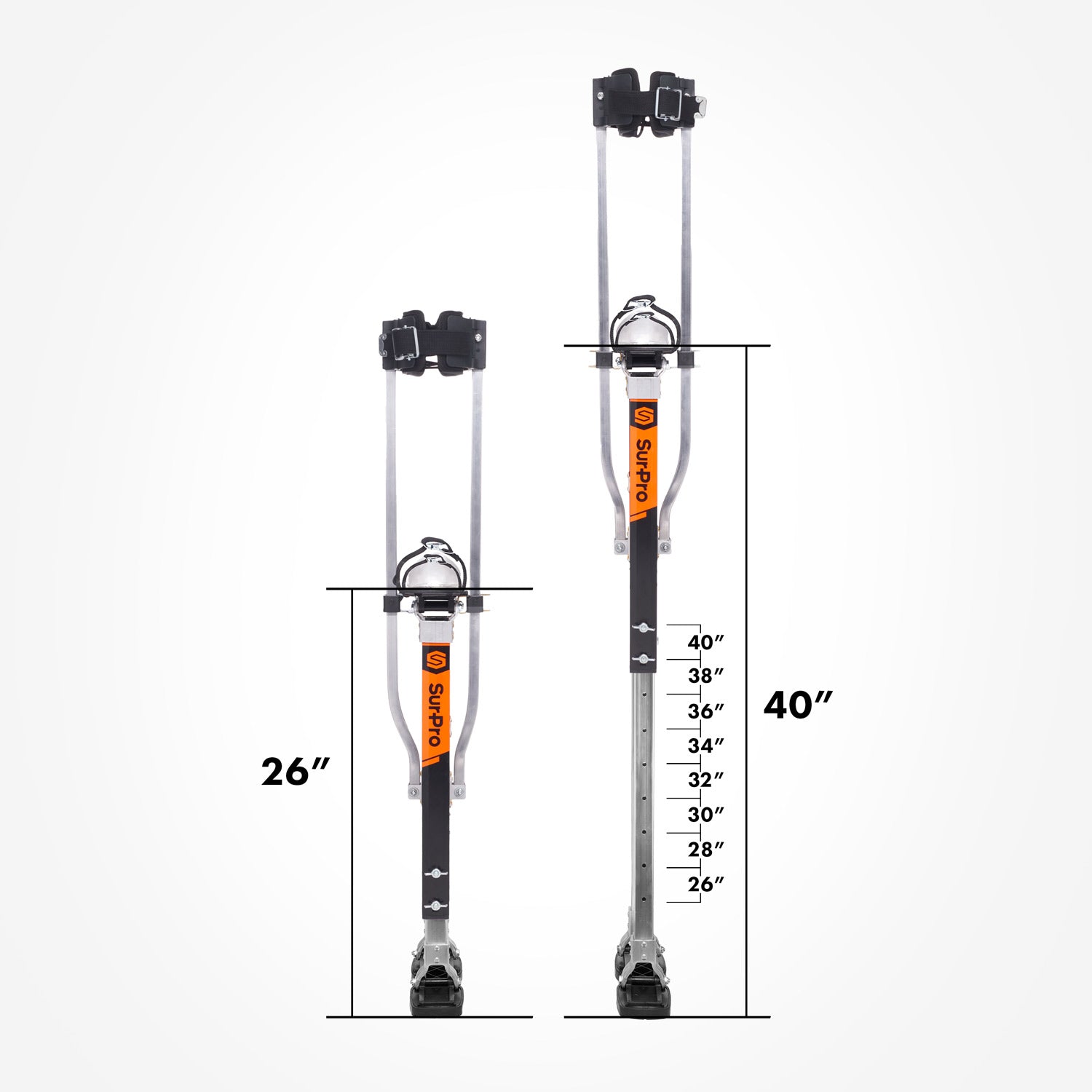 SurPro S2 Magnesium Stilts 26"-40" shown at minimum and maximum height extension.